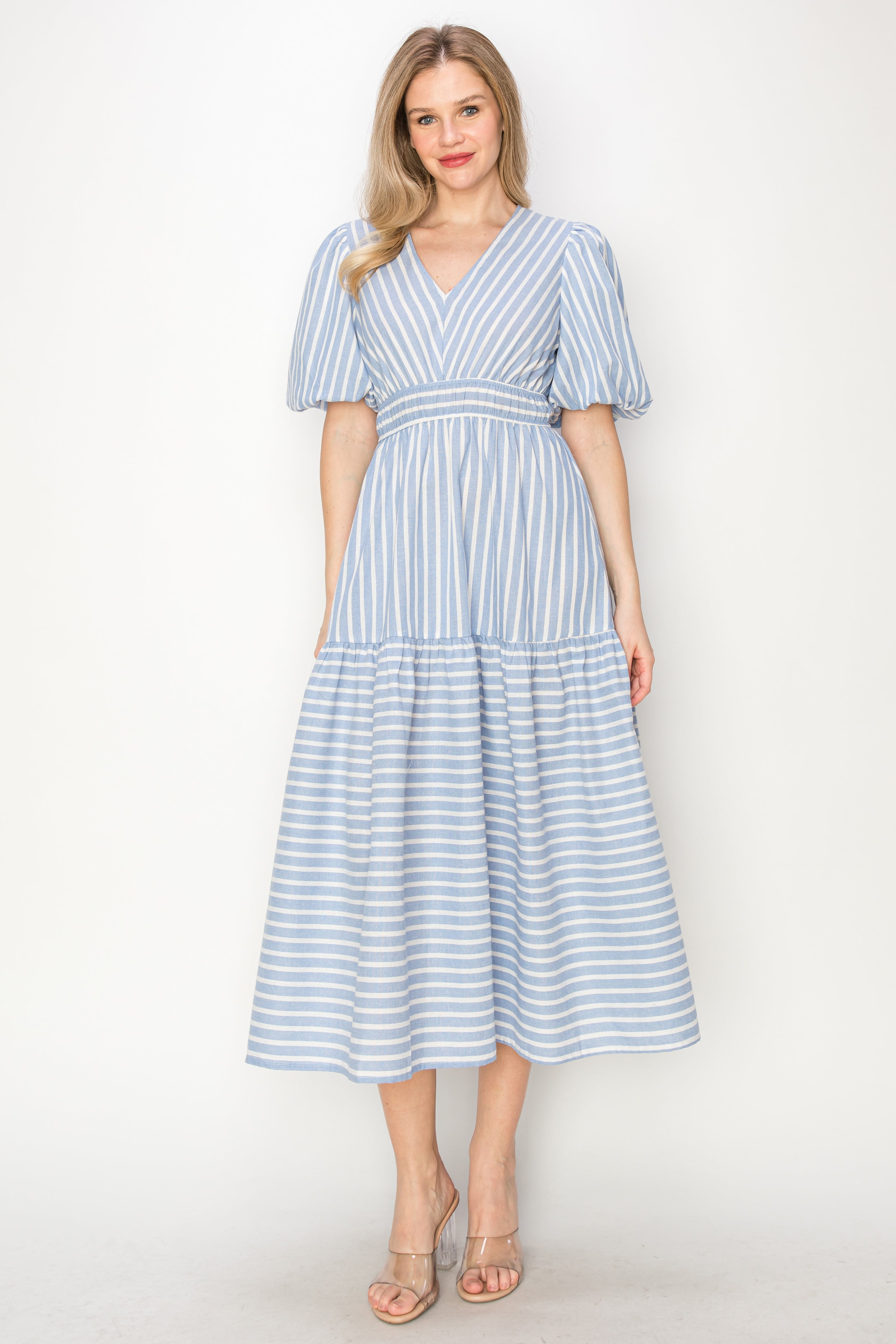 white christmas dresses Cotton Blue Stripe Short Sleeve Maxi Dress - All Dresses