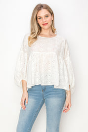 Cotton eyelet voluminous sleeves top