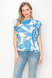 Print top with ruffle sleeves