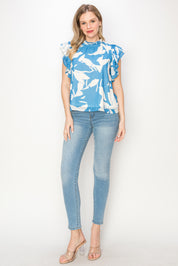 Print top with ruffle sleeves