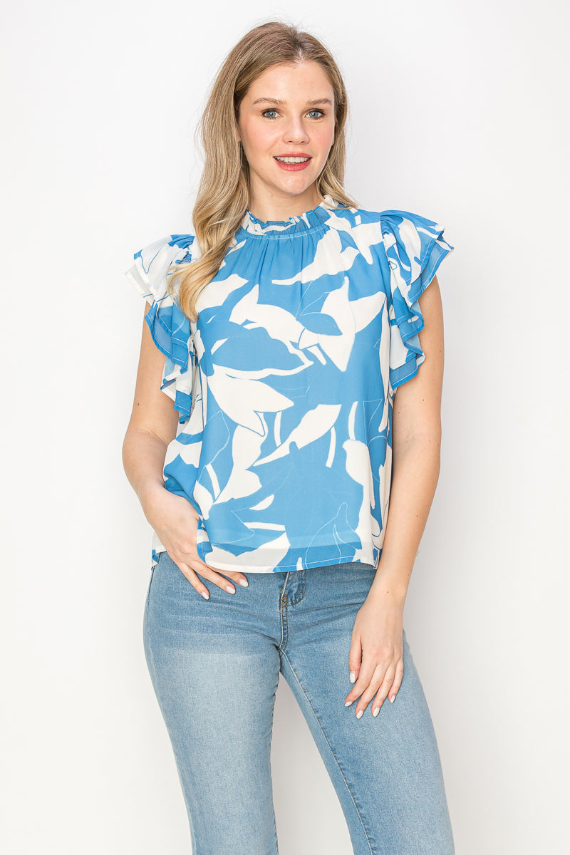 Print top with ruffle sleeves