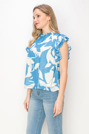 Print top with ruffle sleeves