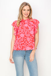 Print woven top with ruffle sleeves