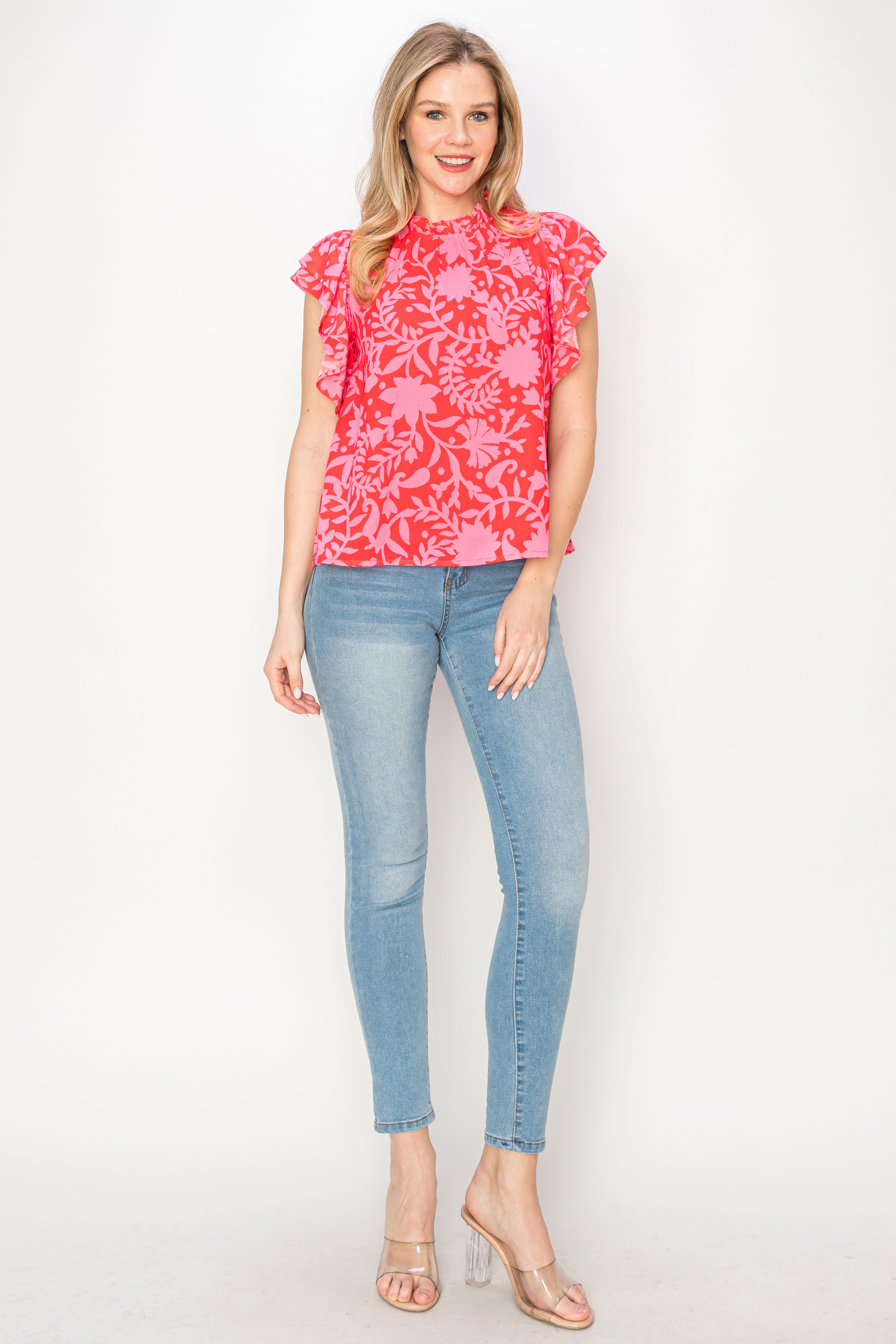 Print woven top with ruffle sleeves