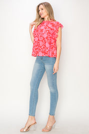 Print woven top with ruffle sleeves