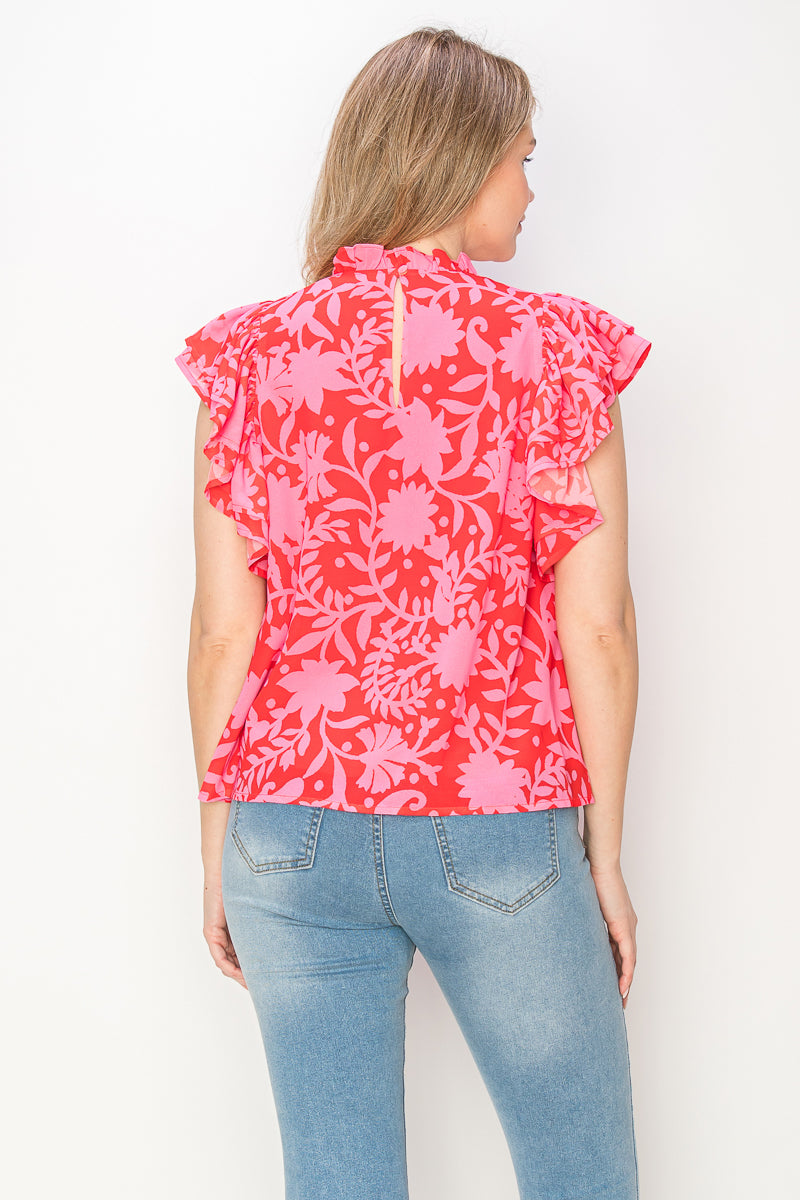 Print woven top with ruffle sleeves