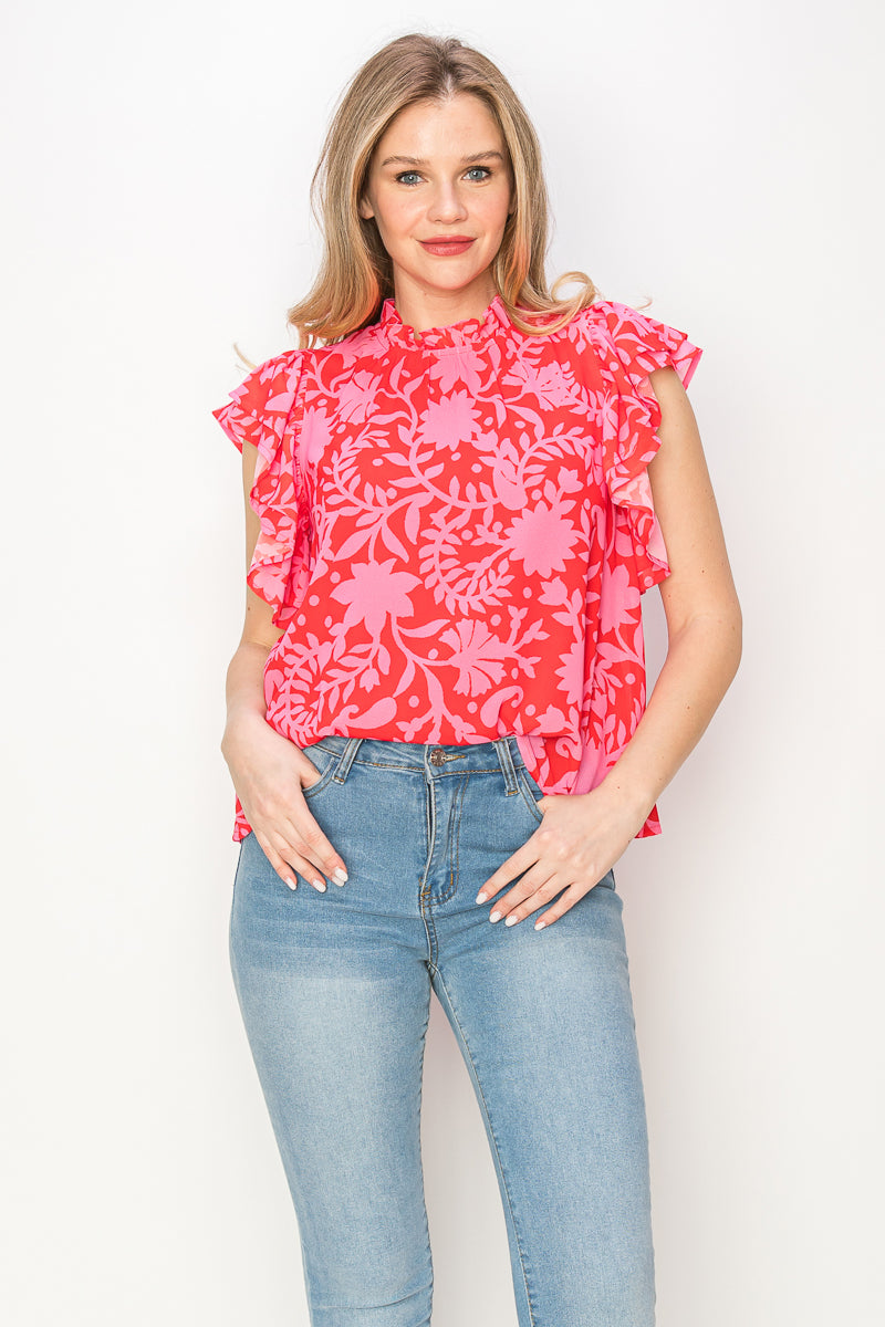 Print woven top with ruffle sleeves