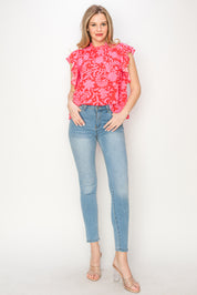 Print woven top with ruffle sleeves