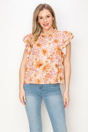 Print linen top with ruffle sleeves