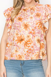 Print linen top with ruffle sleeves