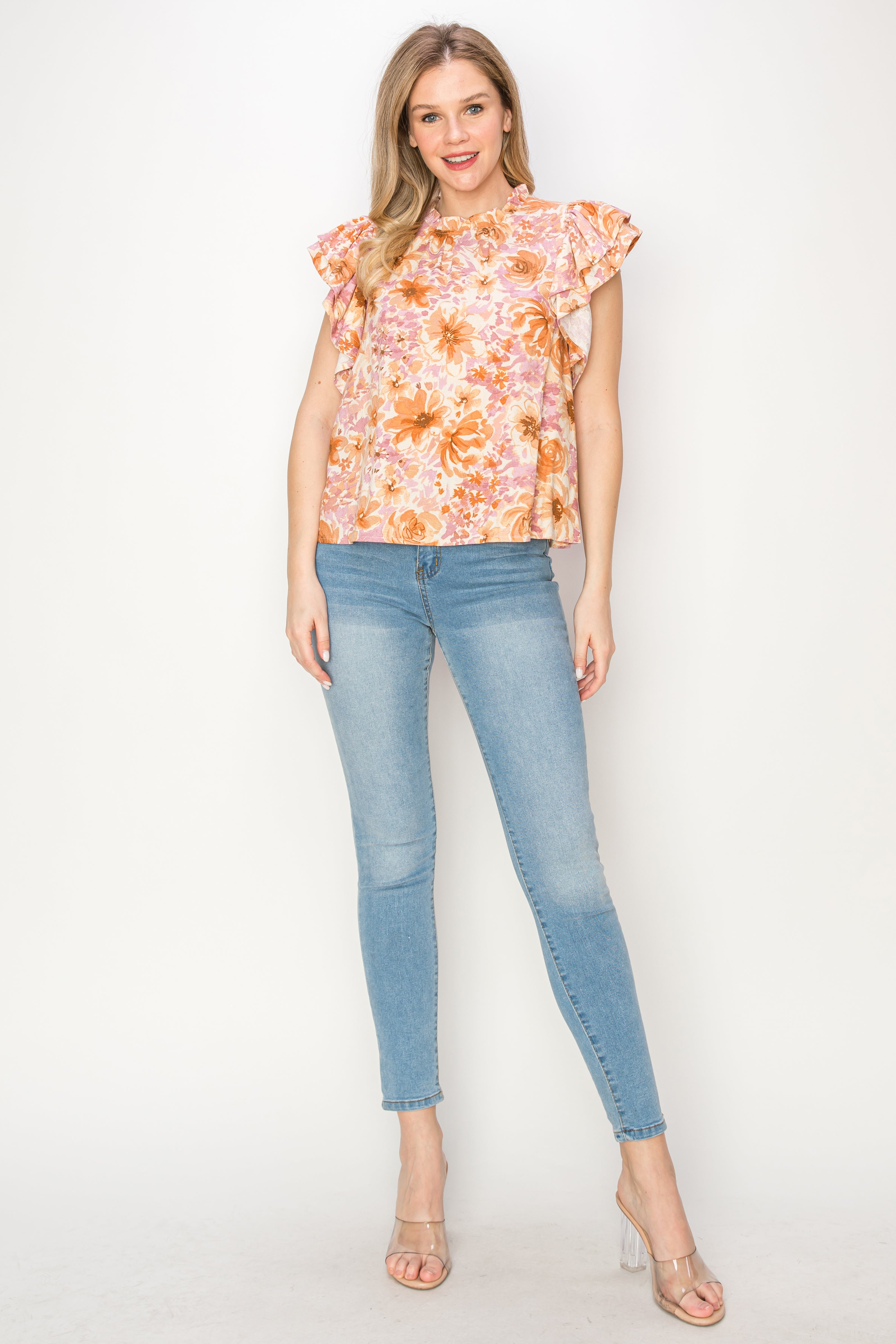 Print linen top with ruffle sleeves