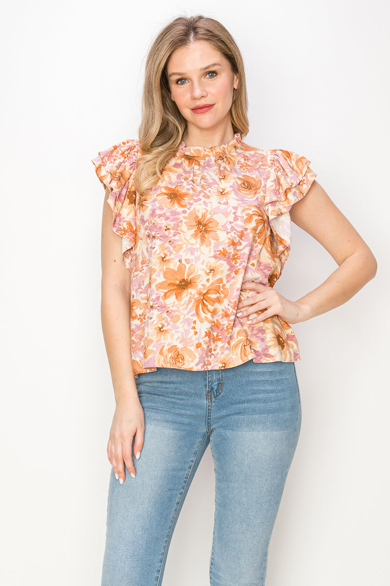 Print linen top with ruffle sleeves