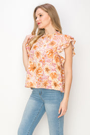 Print linen top with ruffle sleeves