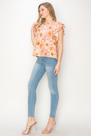 Print linen top with ruffle sleeves