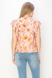 Print linen top with ruffle sleeves