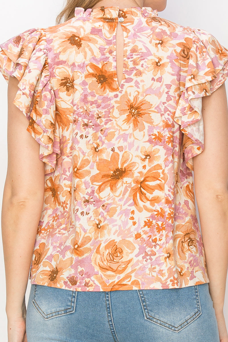 Print linen top with ruffle sleeves