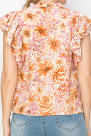 Print linen top with ruffle sleeves