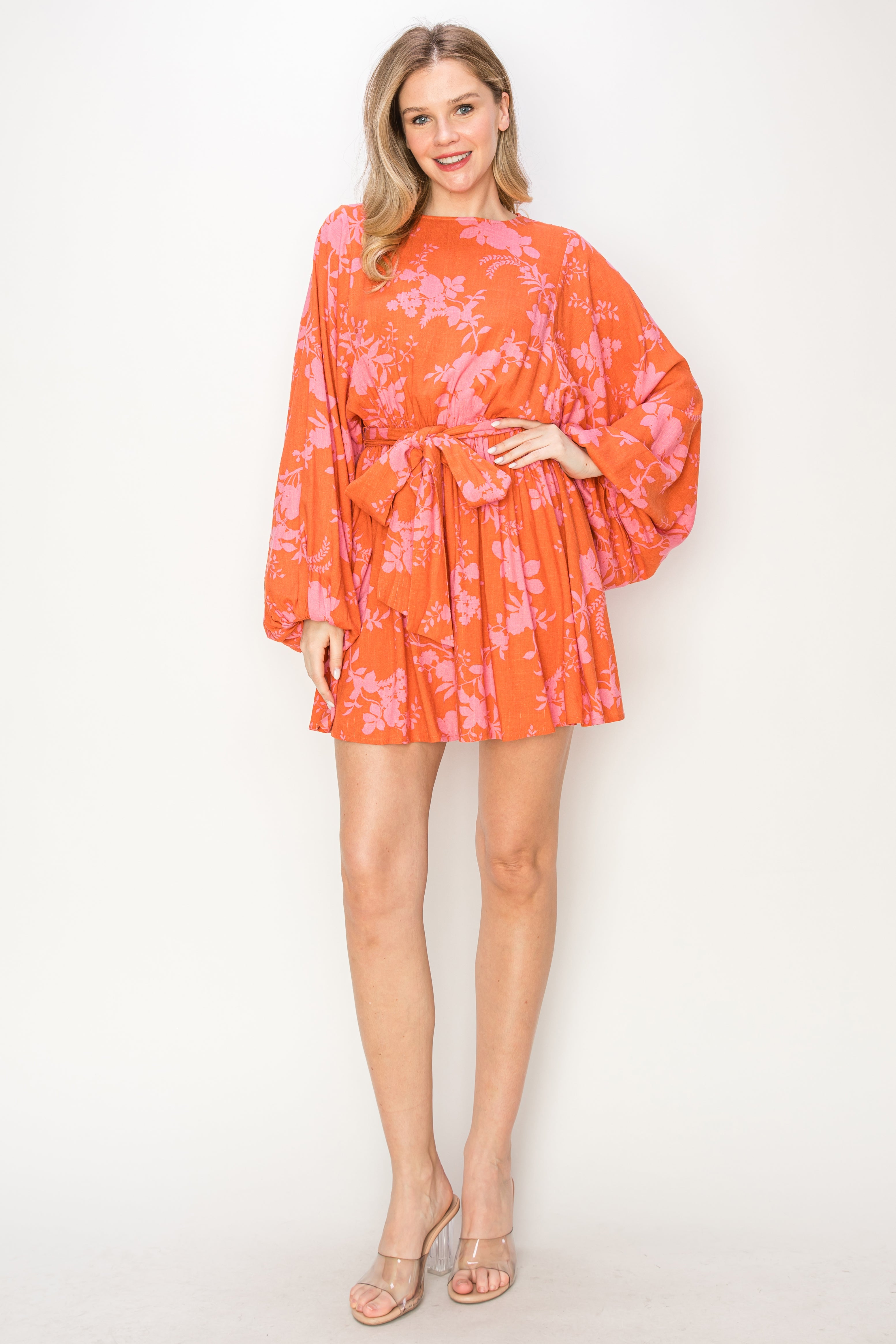 Print linen  mini dress with voluminous sleeves