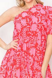 Print woven one shoulder mini dress