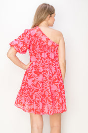 Print woven one shoulder mini dress