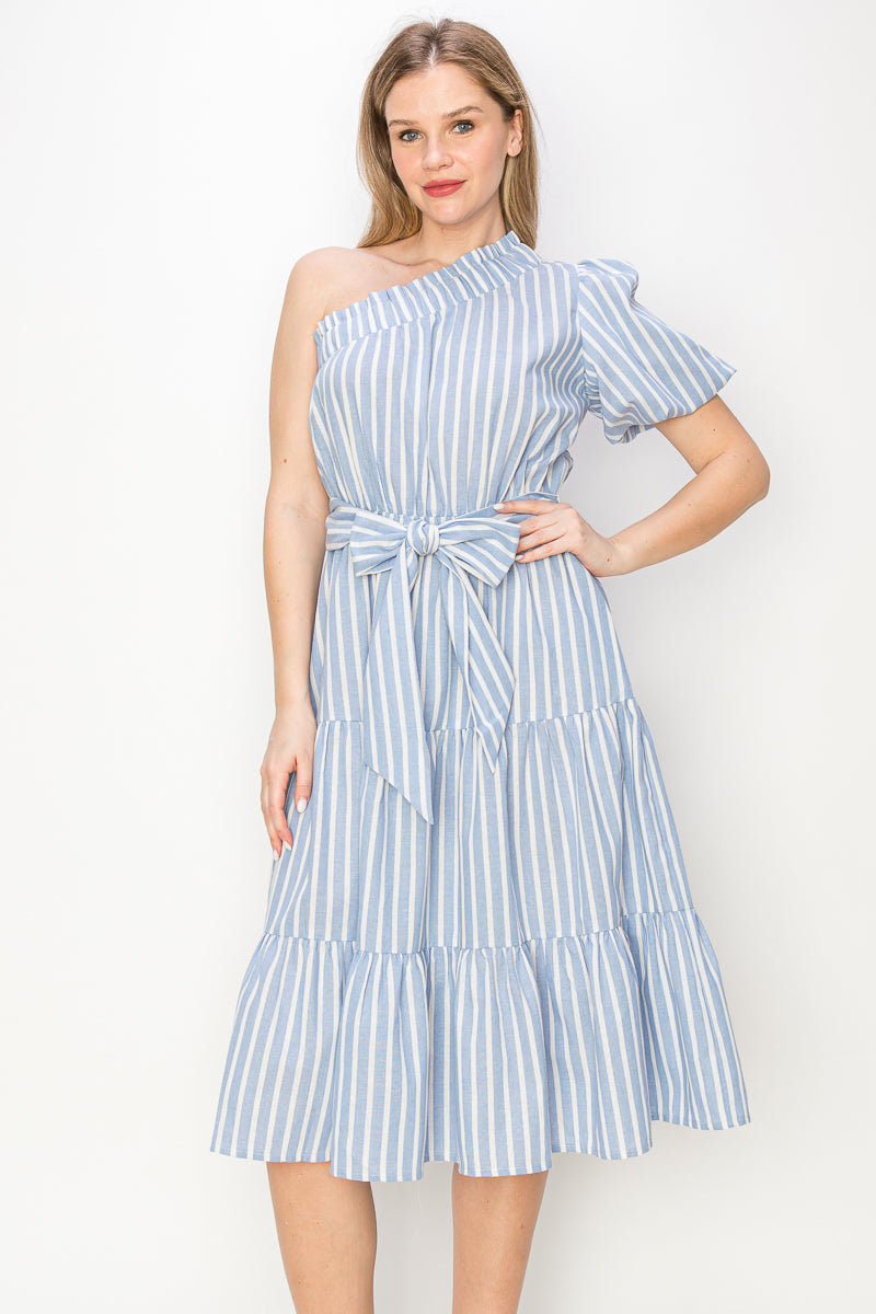 Striped one shoulder midi dress