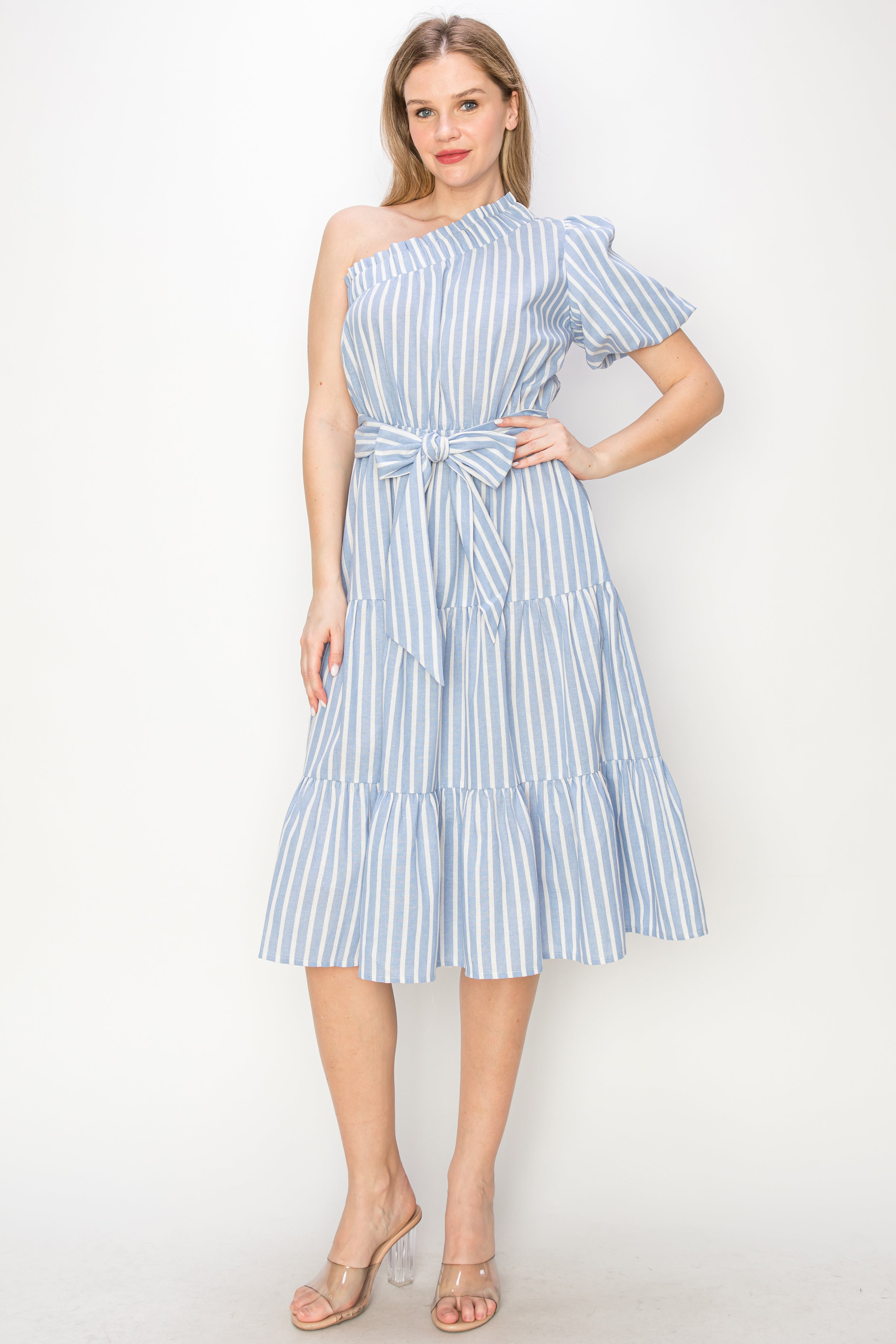 Striped one shoulder midi dress