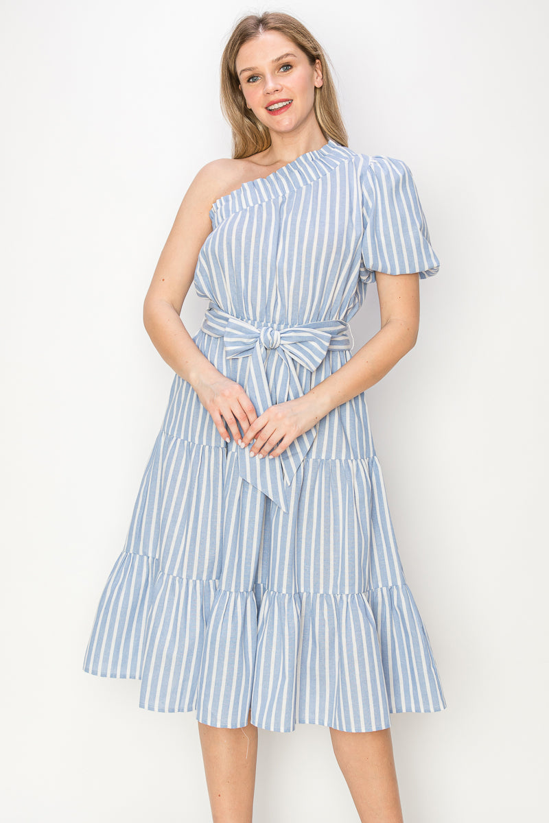 Striped one shoulder midi dress