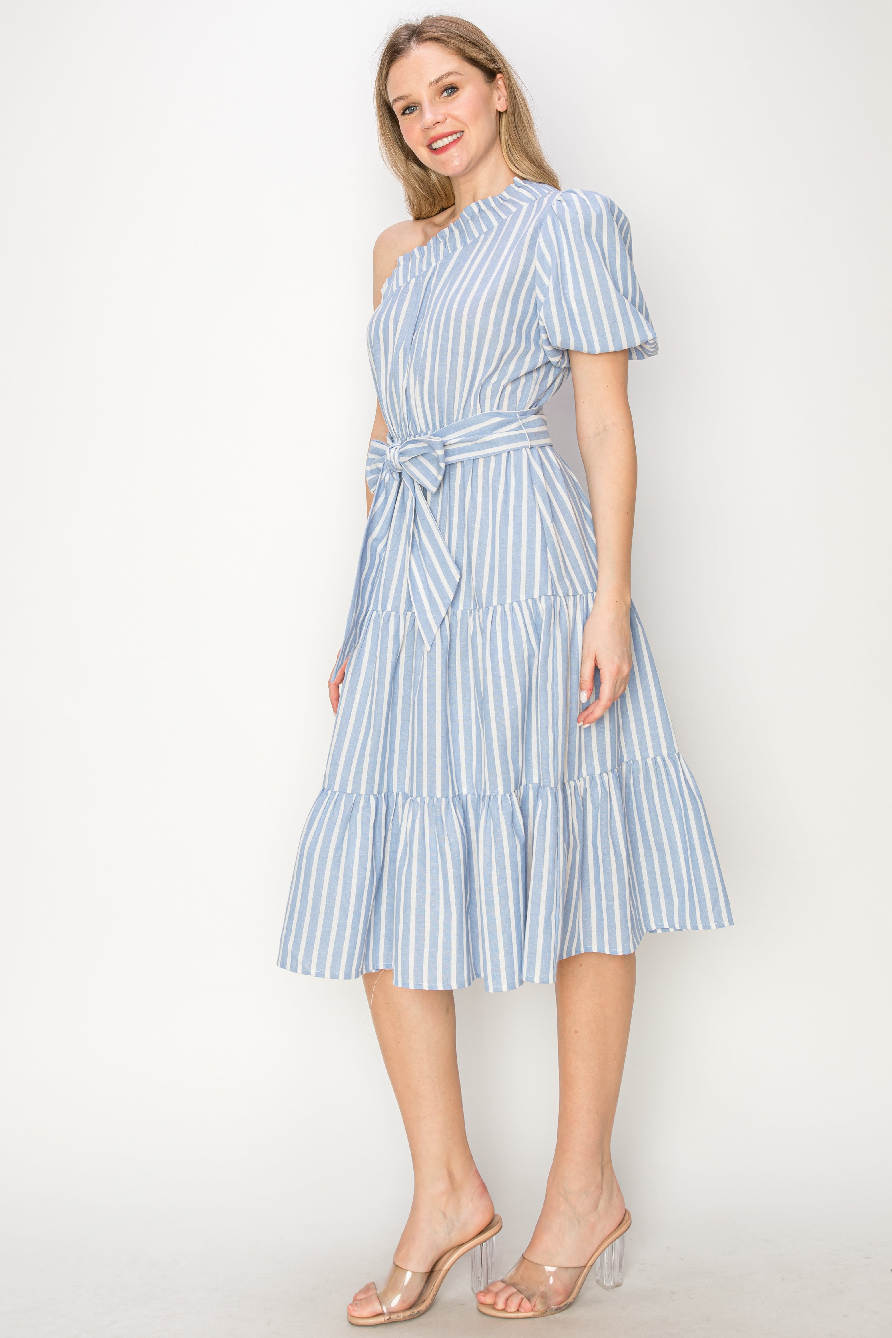 Striped one shoulder midi dress