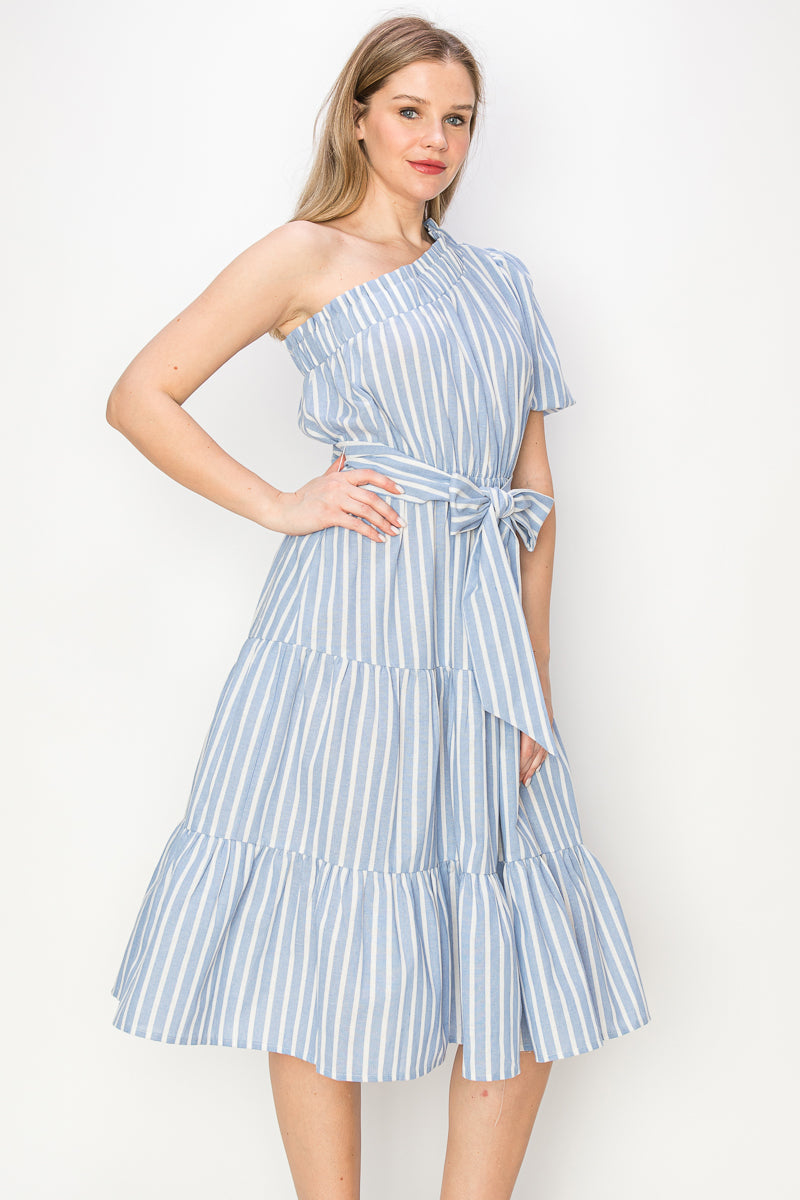 Striped one shoulder midi dress