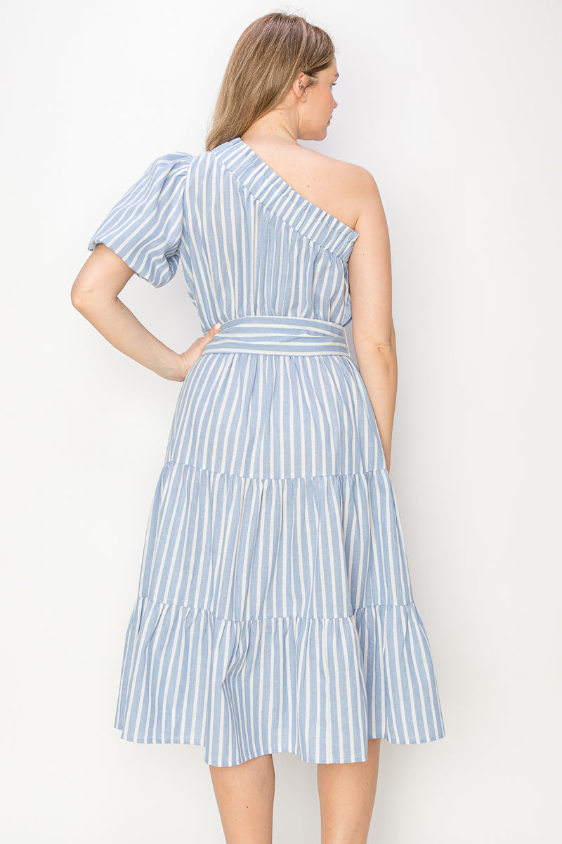 Striped one shoulder midi dress