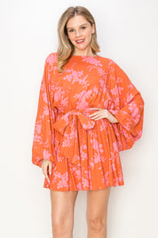 Print linen  mini dress with voluminous sleeves