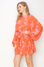 Print linen  mini dress with voluminous sleeves