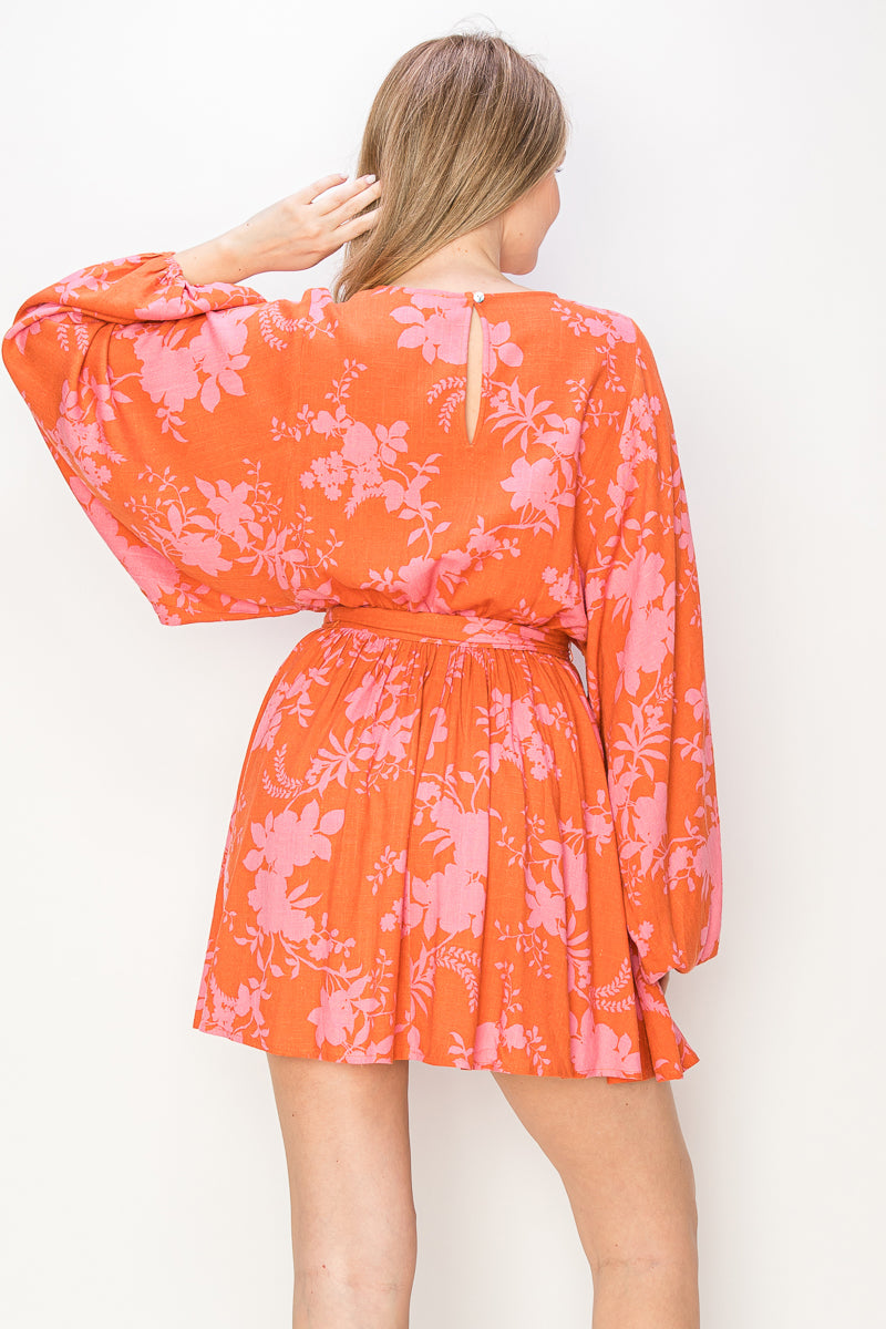 Print linen  mini dress with voluminous sleeves