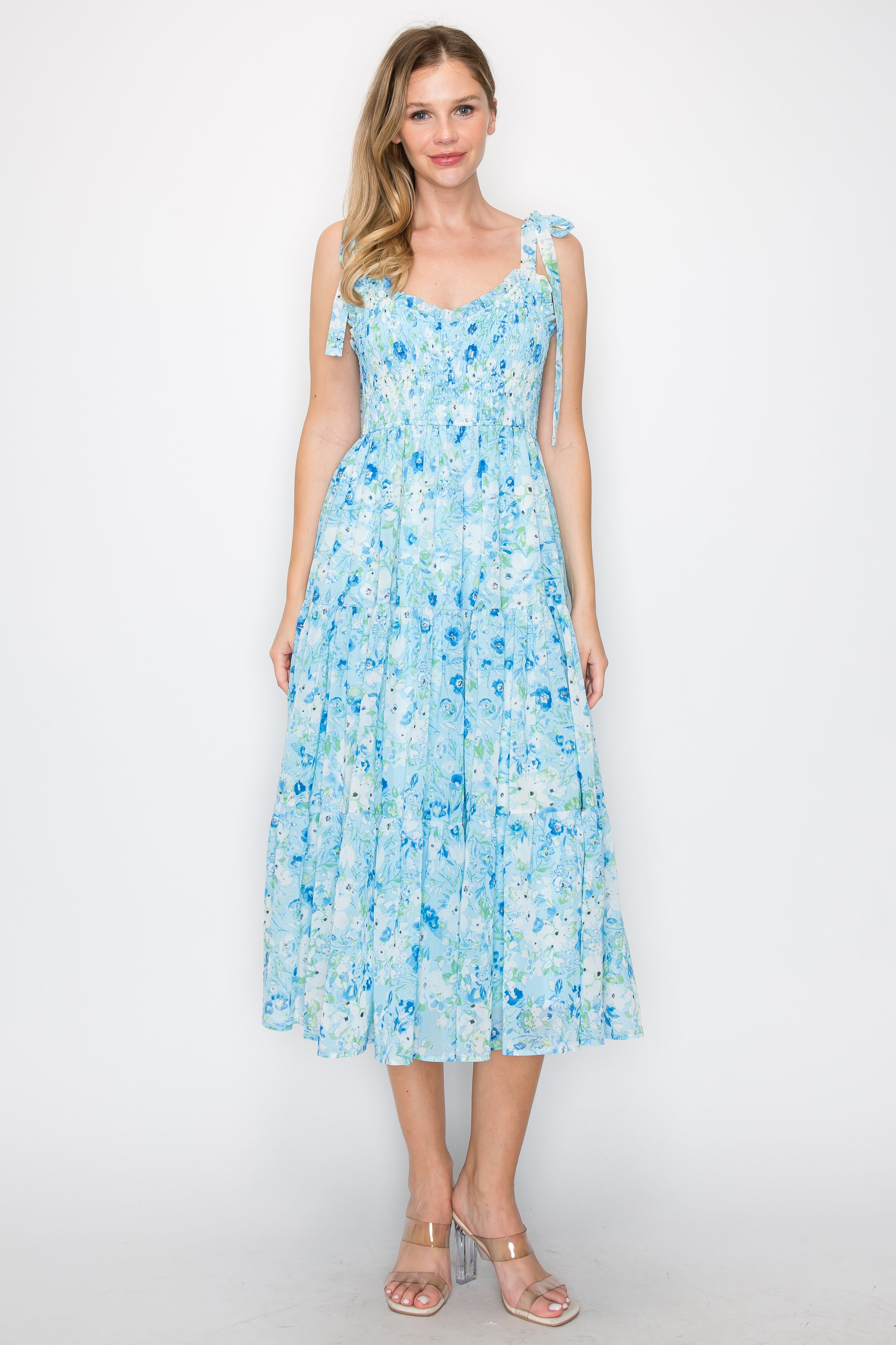 Print smocking midi dress