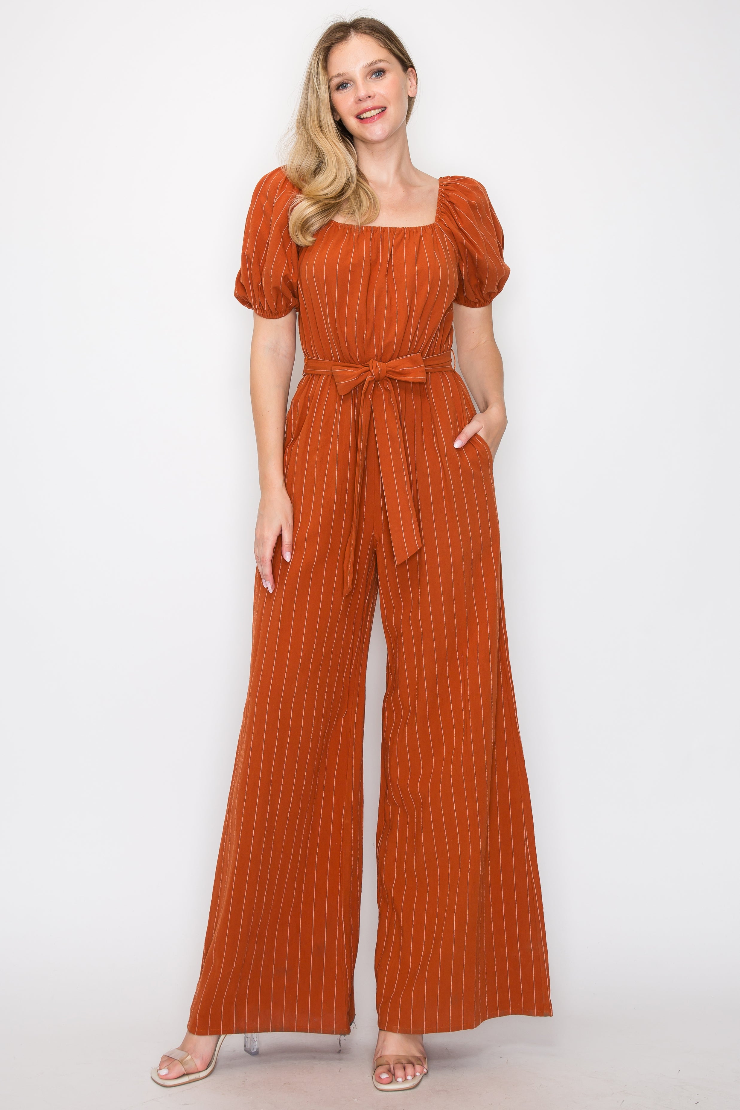 Stripe jumpsuit with puff sleeves