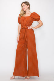 Stripe jumpsuit with puff sleeves