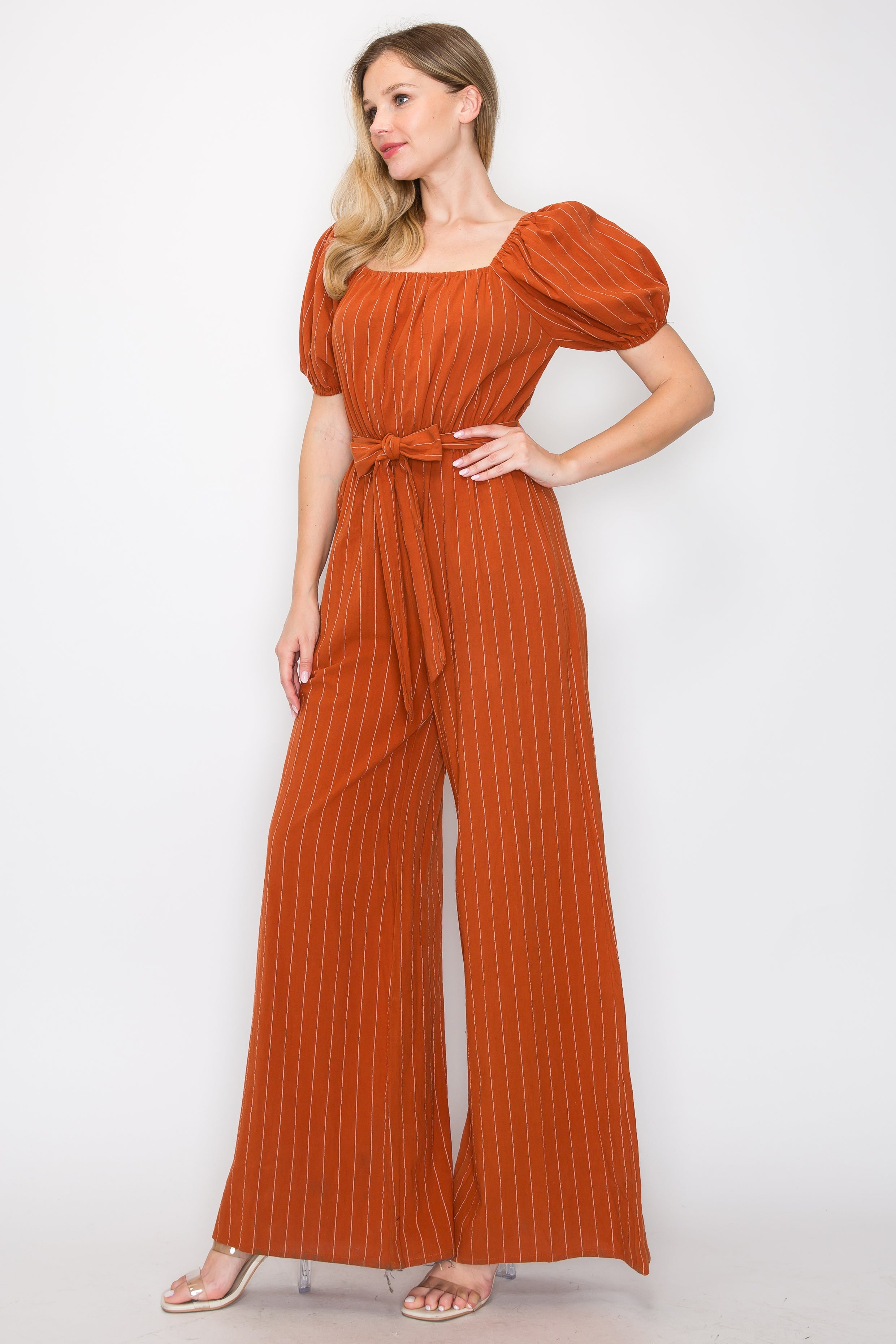 Stripe jumpsuit with puff sleeves