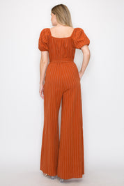 Stripe jumpsuit with puff sleeves